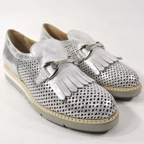 DONNA SOFT 🇮🇹WOMEN'S SILVER SOFT LEATHER COMFORT SUMMER LOAFERS - Picture 2 of 8